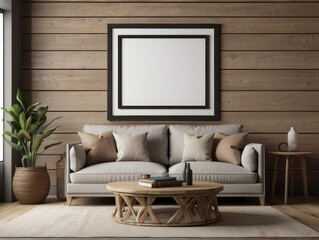 Mockup frame in farmhouse living room interior
