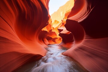 A series of terracotta-hued slot canyons, with intricate patterns carved by wind and water, illuminated by the soft light of dawn - obrazy, fototapety, plakaty