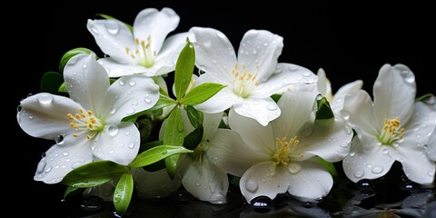 Floral natural background for congratulations. White jasmine flowers on a dark background with...
