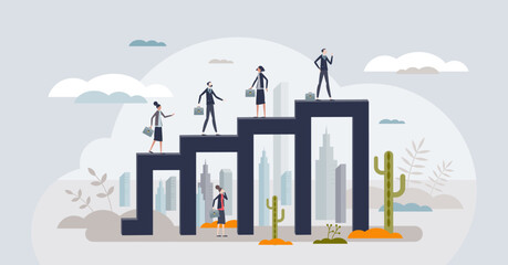 Career advancement and business progress development tiny person concept. Work achievement, professional growth opportunity and improvement vector illustration. Job promotion and challenges for rise. - obrazy, fototapety, plakaty