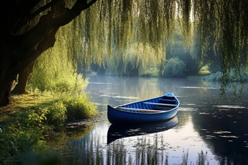 A tranquil riverside scene with a wooden rowboat nestled among water lilies, surrounded by weeping...
