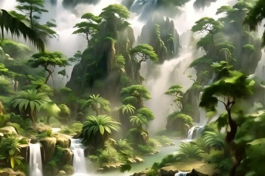 Lush jungle oasis pond with  geysers fed by a rocky whitewater creek Generative AI. Virtual video scene animated background