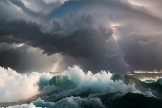 Storm with big waves Generative AI. Virtual video scene animated background