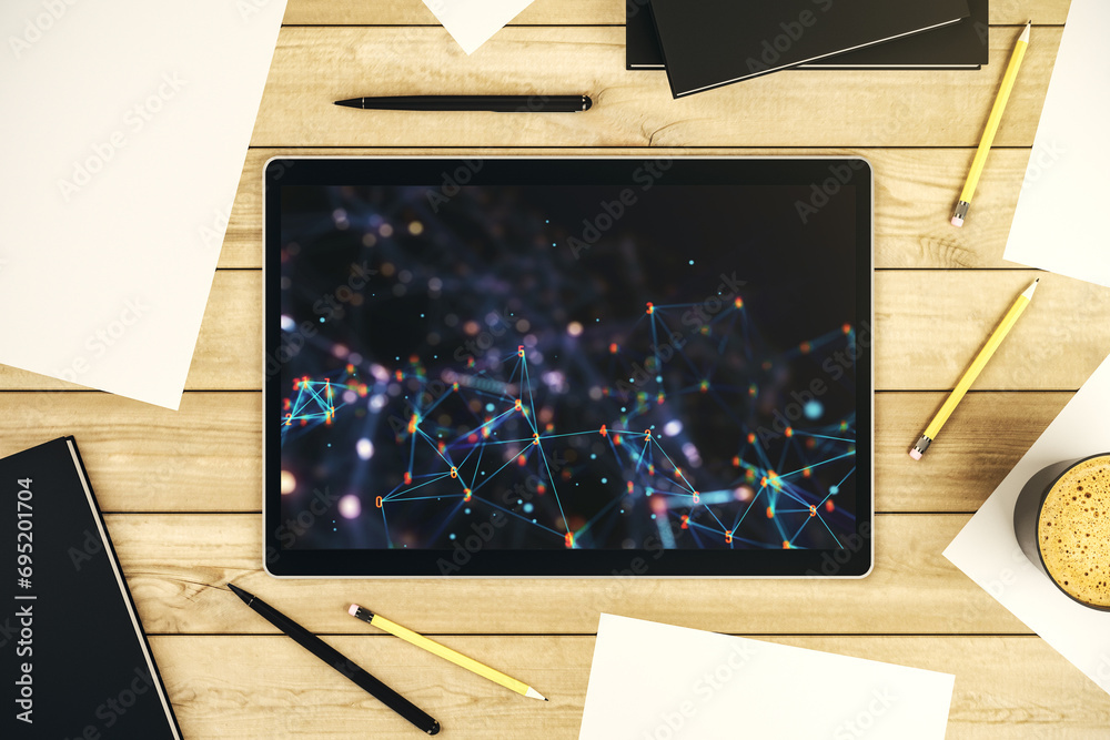 Poster Creative abstract technology sketch on modern digital tablet screen, future technology and AI concept. Top view. 3D Rendering