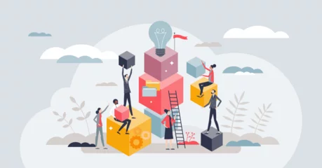 Fotobehang Career building blocks as professional development tiny person concept. Business success with colleague unity and cooperation vector illustration. Effective leadership with smart skills improvement. © VectorMine