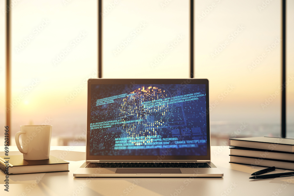 Poster Modern computer monitor with creative code skull hologram. Malware and cyber crime concept. 3D Rendering