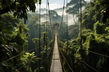 A network of suspension bridges high above a lush, tropical rainforest, with sunlight streaming through the dense canopy