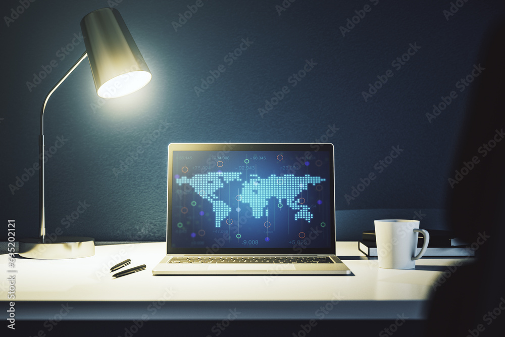 Aufkleber Modern computer display with abstract graphic world map, big data and networking concept. 3D Rendering