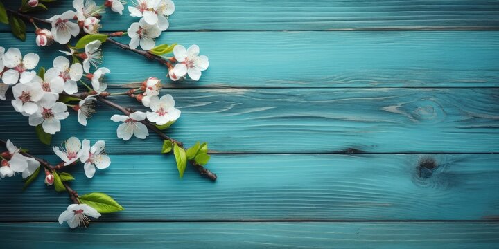 Spring background. Flowering branch sweet cherry on turquoise vintage wooden background on nature macro, rustic style, colorful image