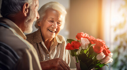 Gorgeous, happy, smiling, handsome, sweet, elderly couple. A gray-haired husband gives a large bouquet of red roses to his happy, laughing wife in the house near the window.