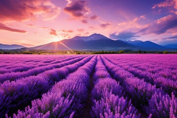 A field of lavender in full bloom, stretching as far as the eye can see, with a distant mountain...