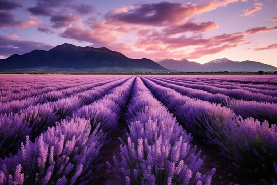 A field of lavender in full bloom, stretching as far as the eye can see, with a distant mountain range on the horizon