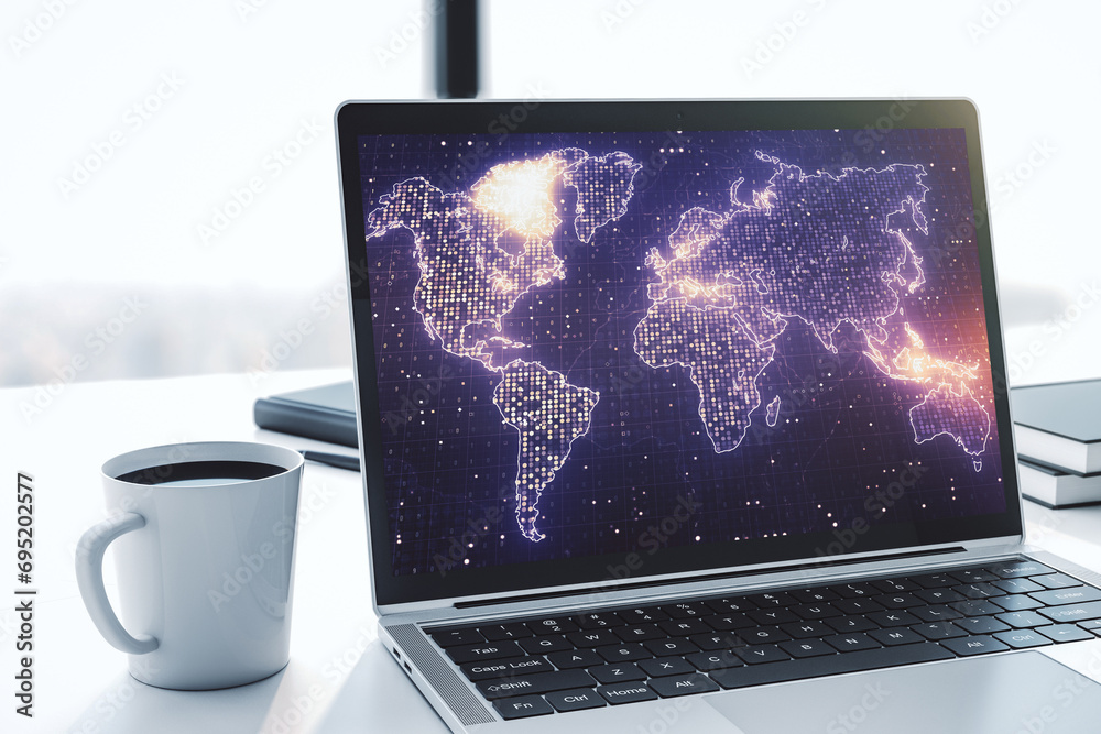 Aufkleber Abstract digital world map on modern computer monitor, big data and blockchain concept. 3D Rendering