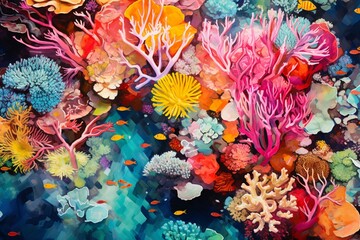 Fototapeta na wymiar A top-down view of a vibrant coral reef, teeming with a kaleidoscope of marine life beneath the crystal-clear ocean surface