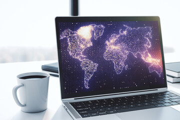 Abstract digital world map on modern computer monitor, big data and blockchain concept. 3D Rendering