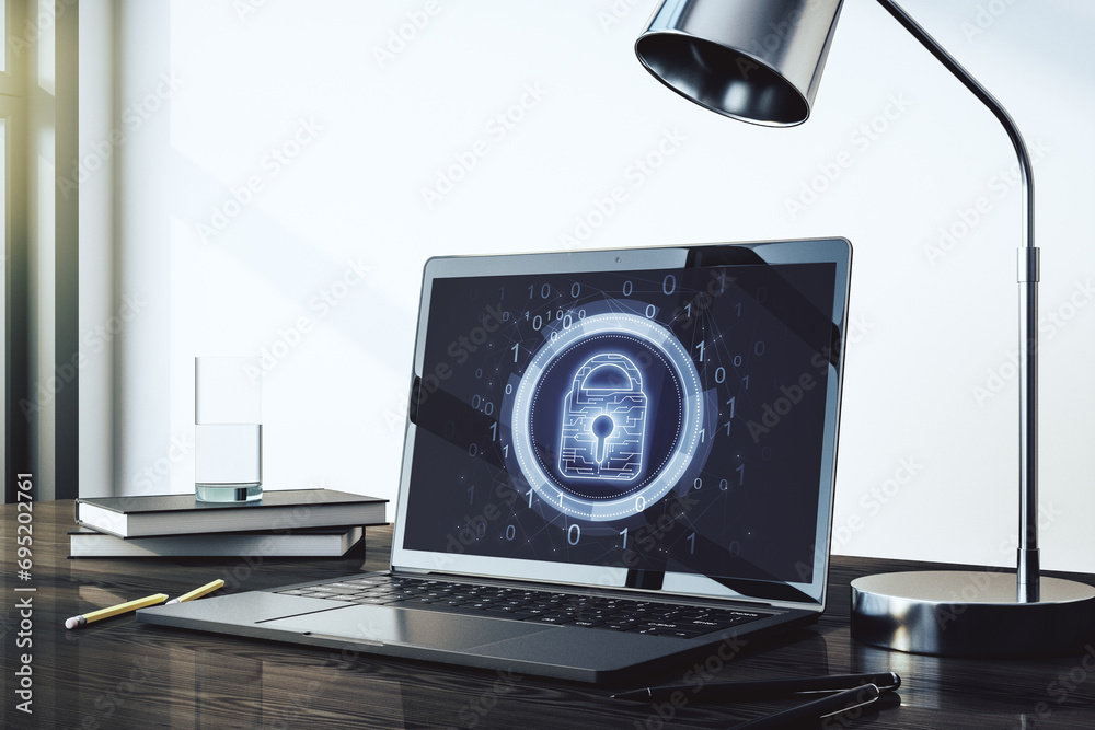 Poster Modern computer monitor with creative lock hologram and chip. Information security concept. 3D Rendering
