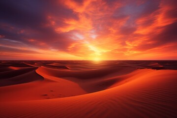 A fiery red and orange sky over a vast desert, with towering sand dunes casting long shadows in the fading light