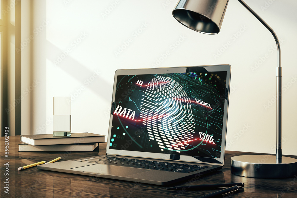 Aufkleber Modern computer screen with creative fingerprint hologram, personal biometric data concept. 3D Rendering