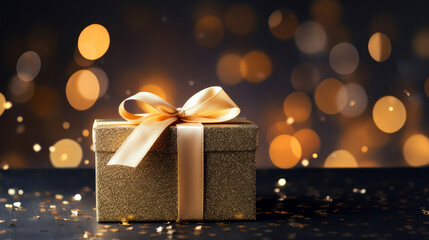 Luxury gift box on dark and gold background, bokeh light