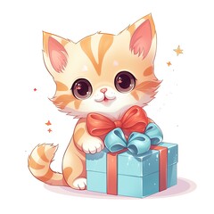 Cartoon character of cute cat with gift box, congratulation and gift concept, Generative AI