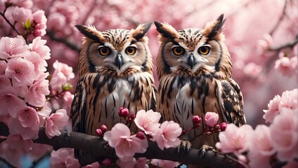 An owl perched on a blooming cherry blossom branch, symbolizing wisdom and innocence. Generative AI