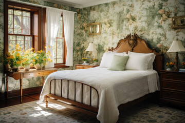 A charming bed and breakfast guest room with floral wallpaper, antique furniture, and lace curtains - obrazy, fototapety, plakaty