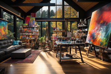 A contemporary artist's studio with large canvases, a variety of paints, and natural light