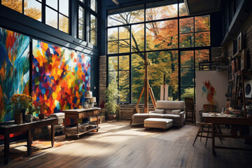 A contemporary artist's studio with large canvases, a variety of paints, and natural light