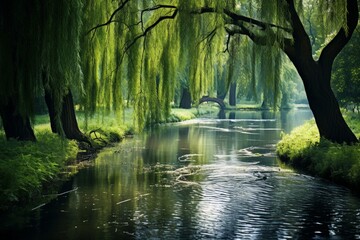 A tranquil pond surrounded by weeping willows, their branches gently touching the water's surface