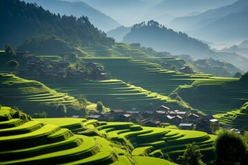 A series of terraced rice paddies on the slopes of a lush, green mountain, bathed in soft afternoon light
