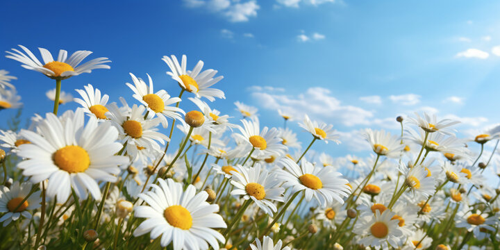 Field of Daisies. The sunlit field covered in a carpet of cheerful daisies. © Rabbit_1990