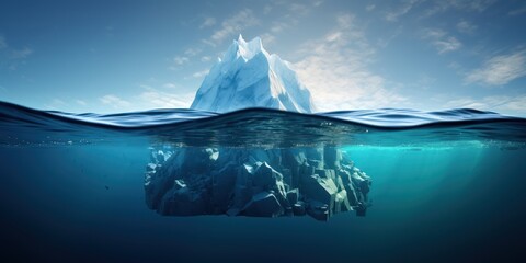 Towering iceberg looms over a serene sea, basking in sunlight.