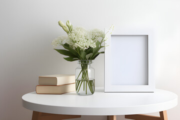 Blank picture frame mockup in the white table vase isolated on interior with copy space. Flowers in a vase