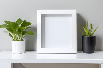 Blank picture frame mockup in the white table vase isolated on interior with copy space. Template.