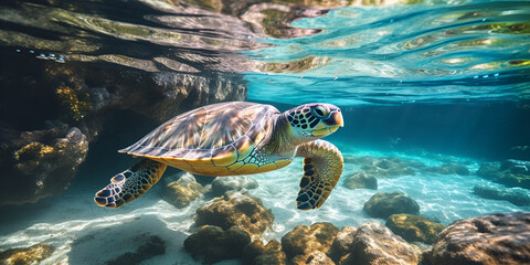 sea turtle swimming in water, A Sea Turtle's Peaceful Water Journey