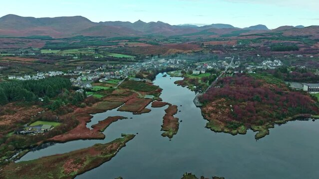 Landscape drone flying to Sneem Tourist village on the ring of Kerry Ireland on the wild Atlantic way autumn in Ireland