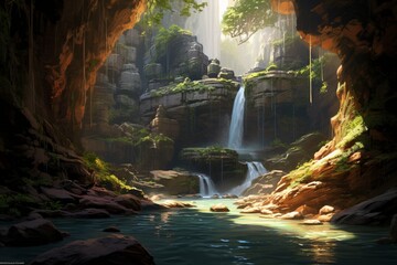 A cascading waterfall in a hidden canyon, with sunlight streaming through a natural skylight above