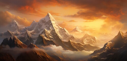 Majestic mountain peaks kissed by the sunrise, casting a golden glow over rugged terrain.