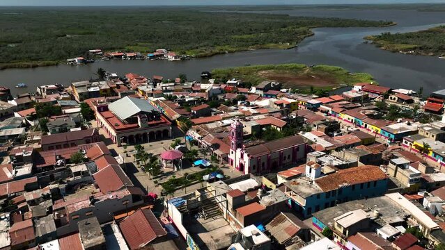 Aerial view over the Parroquia de San Pedro y San Pablo in Mexcaltitan, Mexico
