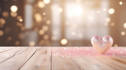 Obraz na płótnie Canvas Valentines day background with heart bokeh and wooden table