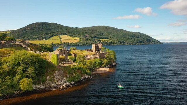 Nessie's Neighbour: Aerial Mystique of Urquhart Castle, Presiding over Loch Ness, Inverness, Scottish Highlands, Scotland