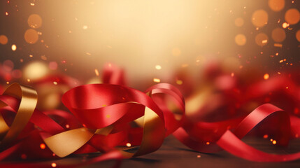 Confetti of red ribbons on a golden bokeh background. Valentine's day backdrop