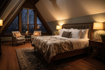A cozy bedroom with a plush king-size bed, soft lighting, and a vintage rug on hardwood floors