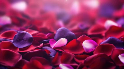 Schilderijen op glas Pink and red roses petals on a bokeh background. © tashechka