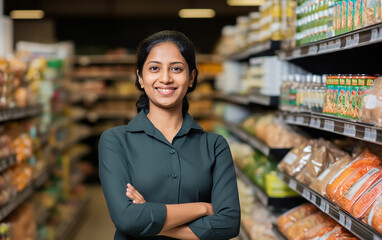 Cute hindu sales girl standing in a grocery store. Beautiful indian lady standing in a grocery store.