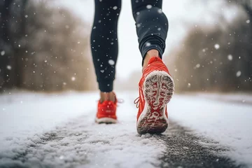 Fotobehang back view of legs running in snow © dobok