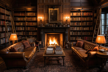 A cozy hotel library with wall-to-wall bookshelves, leather armchairs, and a fireplace - obrazy, fototapety, plakaty