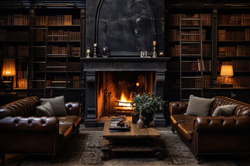 A cozy hotel library with wall-to-wall bookshelves, leather armchairs, and a fireplace