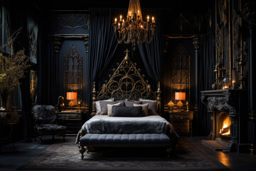 Fototapeta premium A gothic-inspired bedroom with dark walls, a four-poster bed, and candelabras