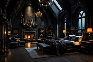 A gothic-inspired bedroom with dark walls, a four-poster bed, and candelabras - obrazy, fototapety, plakaty